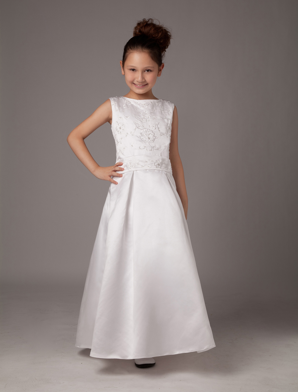 Grace A Line White Satin Ankle Length First Communion Dress Milanoo