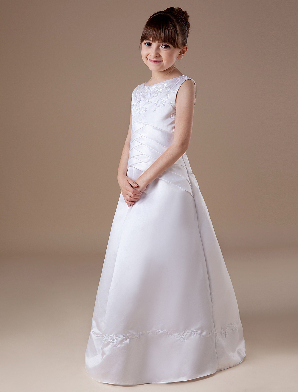 Elegant White Sleeveless Satin First Communion Dress Milanoo