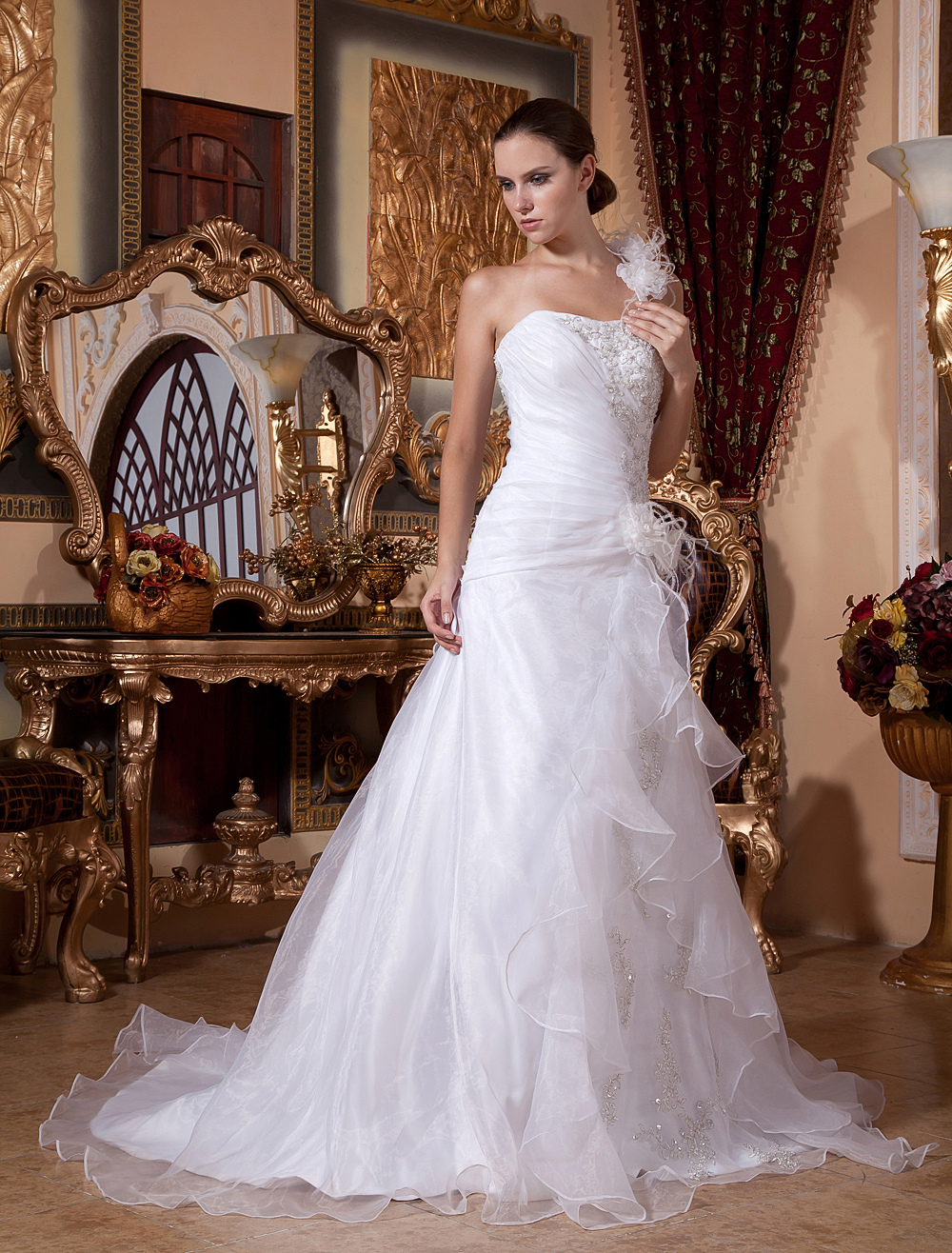 Abito Da Sposa Bianco Organza Monospalla A Linea Strascico Milanoo