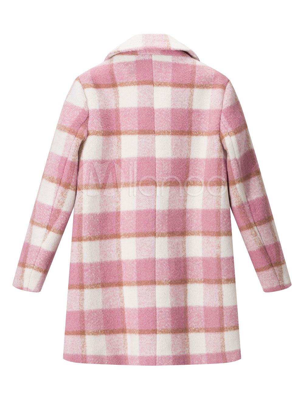 Pink Pea Coat Women S Plaid Turndown Collar Long Sleeve Double Breasted