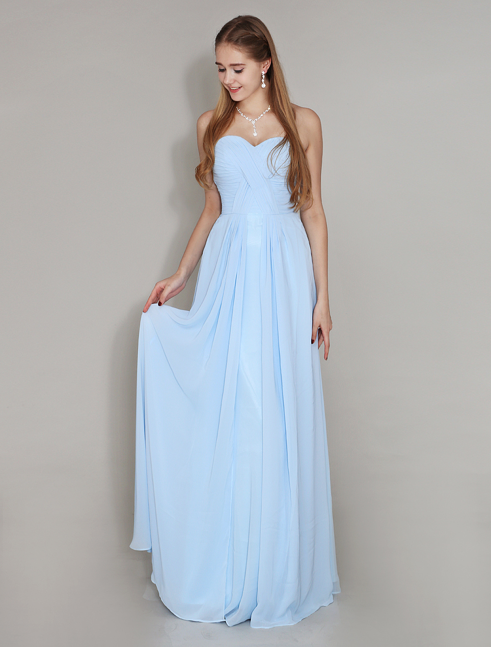 Pastel Blue Bridesmaid Dress Sweetheart Neck Floor Length Chiffon