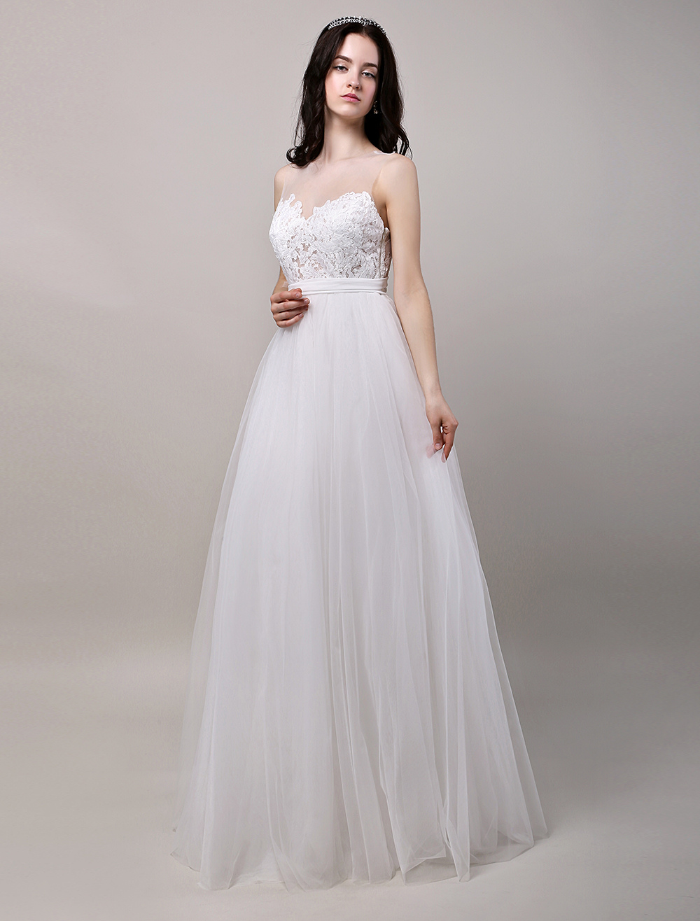 Illusion Neckline Lace Bodice Tulle Wedding Dress Milanoo