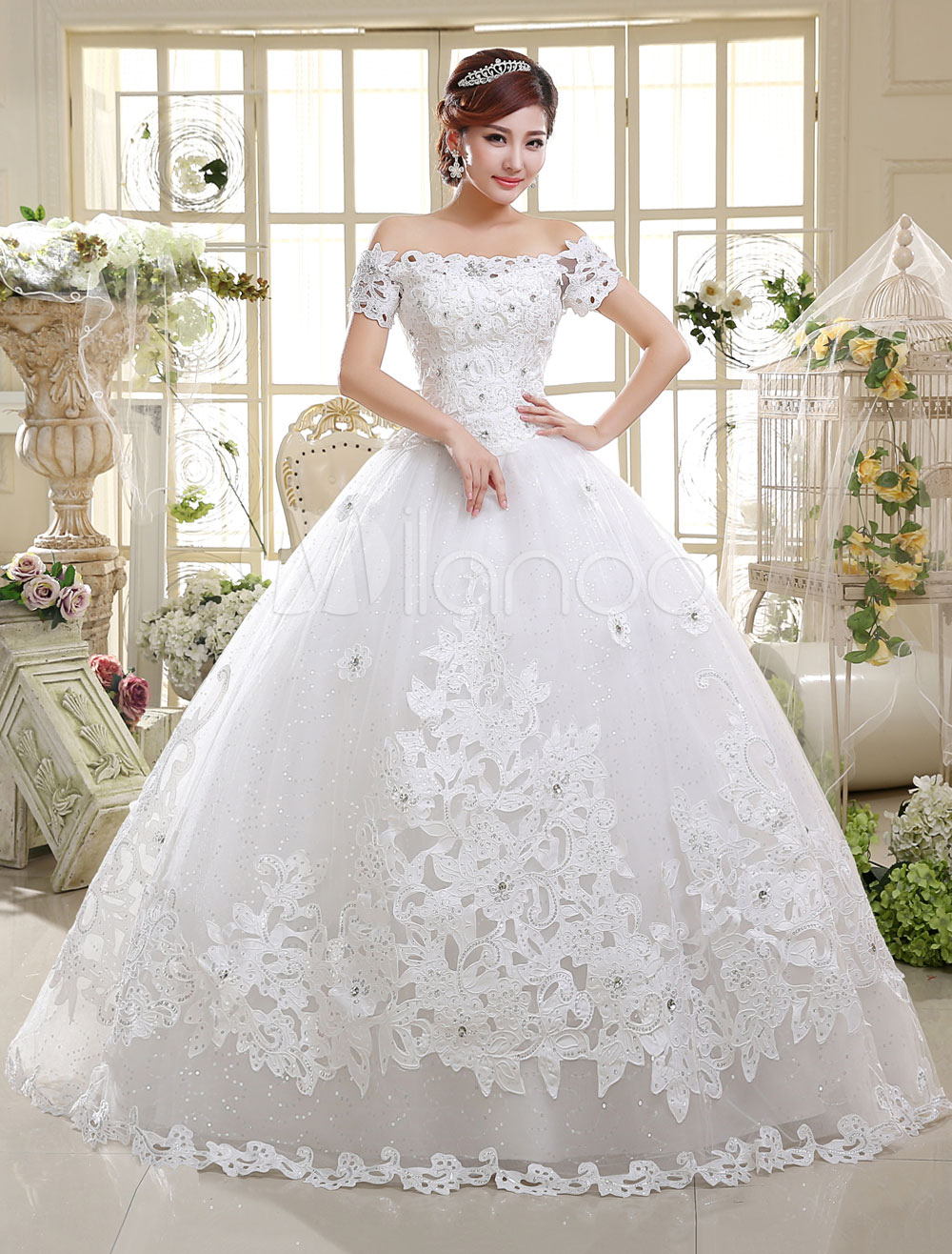 Ball Gown Wedding Dresses Lace Princess Bridal Gown Off The Shoulder Ivory Short Sleeve Beaded