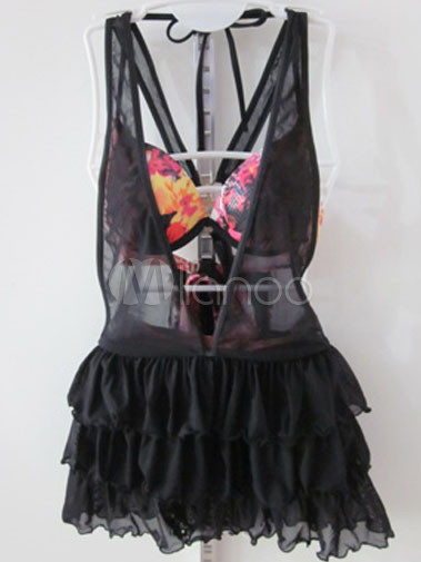 Sexy Floral Print Black Tulle Trim Halter Women S Bikini Swimsuit