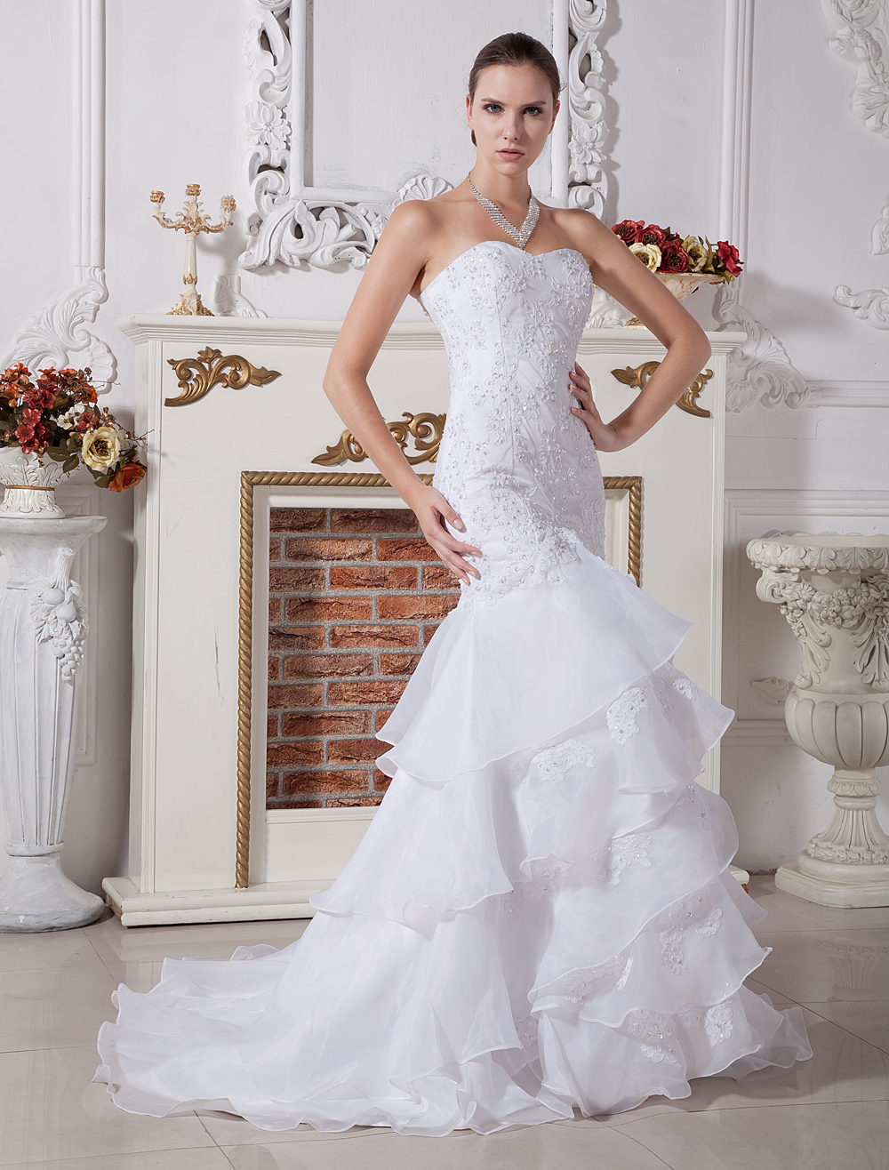 Sweetheart Mermaid Trumpet Beaded Embroidery Organza Wedding Dress