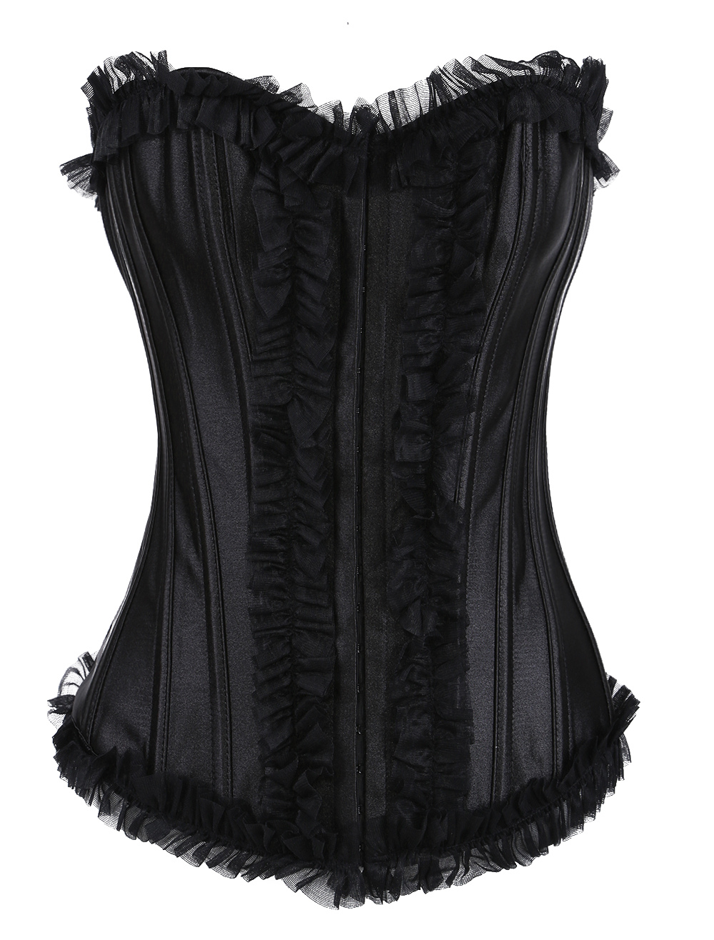 Black Ruffled Trim Zipper Satin Overbust Corsets Milanoo