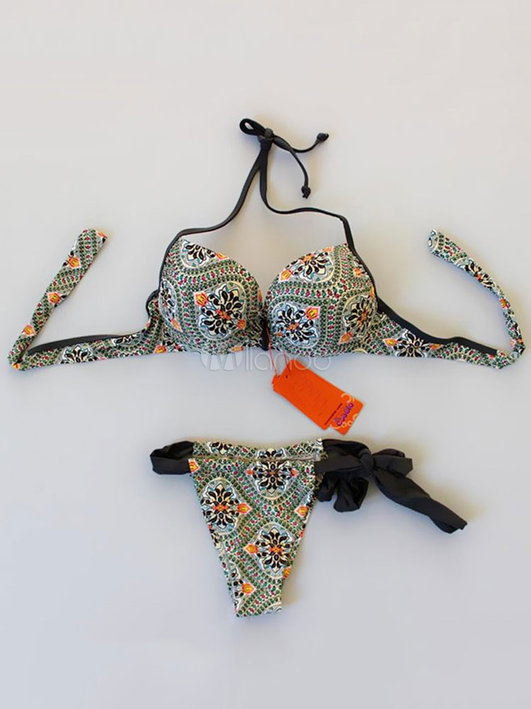 Charmant bikini ensemble de plage en acrylique impression avec lacets à