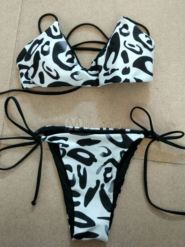 String Bikini Set Sexy Black Halter Printed Women S Beach Bathing Suits