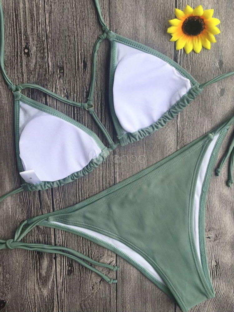 Bikini Monocolore Costumi Da Bagno Verde Militare Con Collo Arrotondato