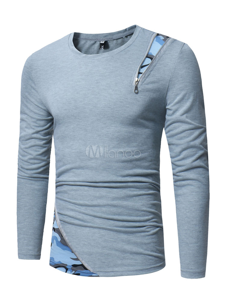 Tee shirt homme mode en coton mélangé bicolore avec zip col rond