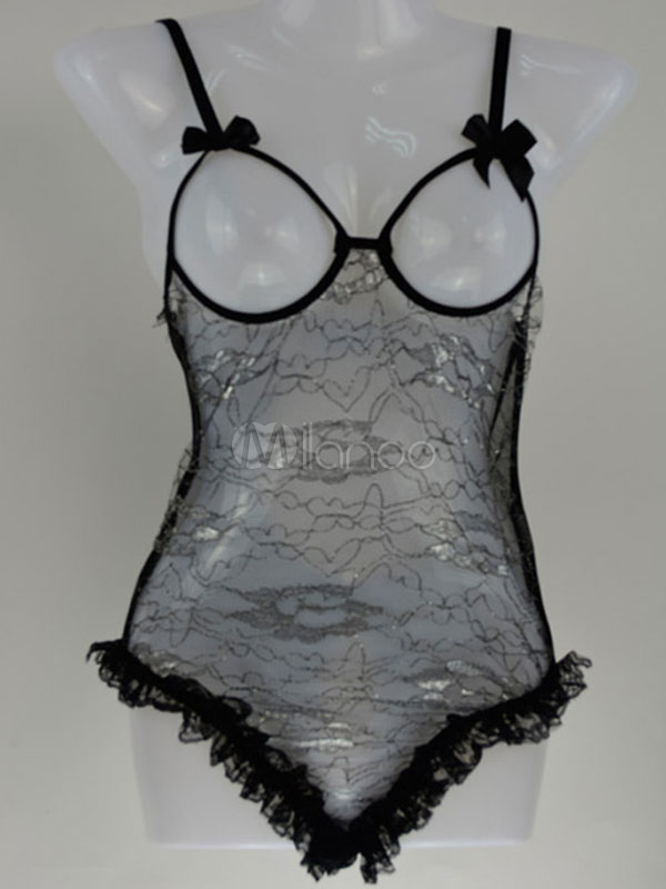 Women Lace Teddy Bowknot Open Bust Cut Out Frill Black Bedroom Lingerie