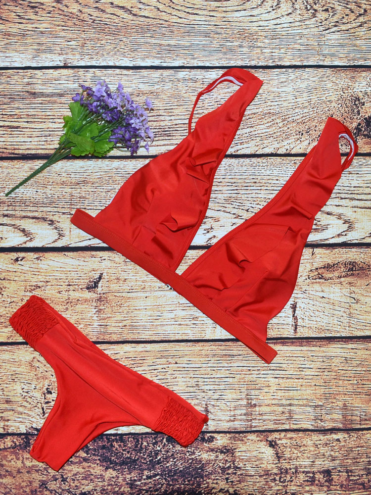 Bikini Monocolore Costumi Da Bagno Rosso Costumi Vita Alta Con Scollo A