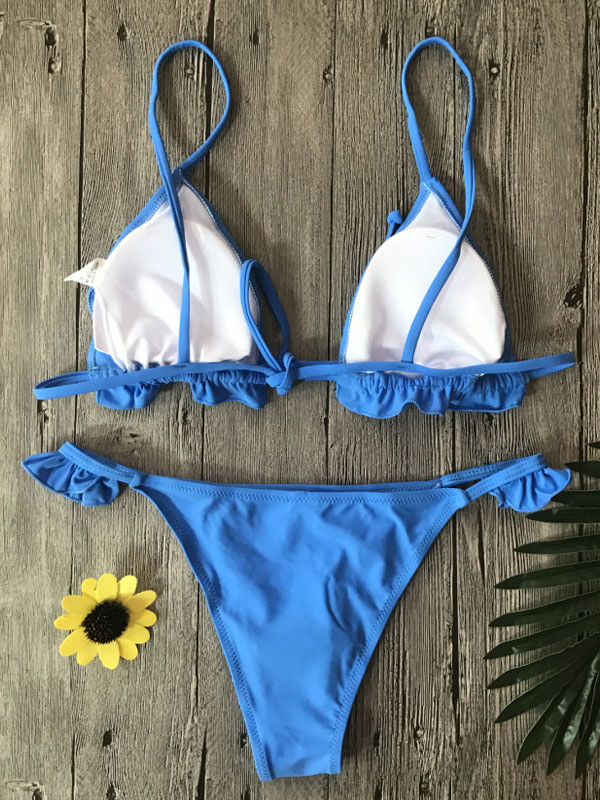 Sexy Bikini Swimwear Straps Ruffles Solid Color Triangle Bikini