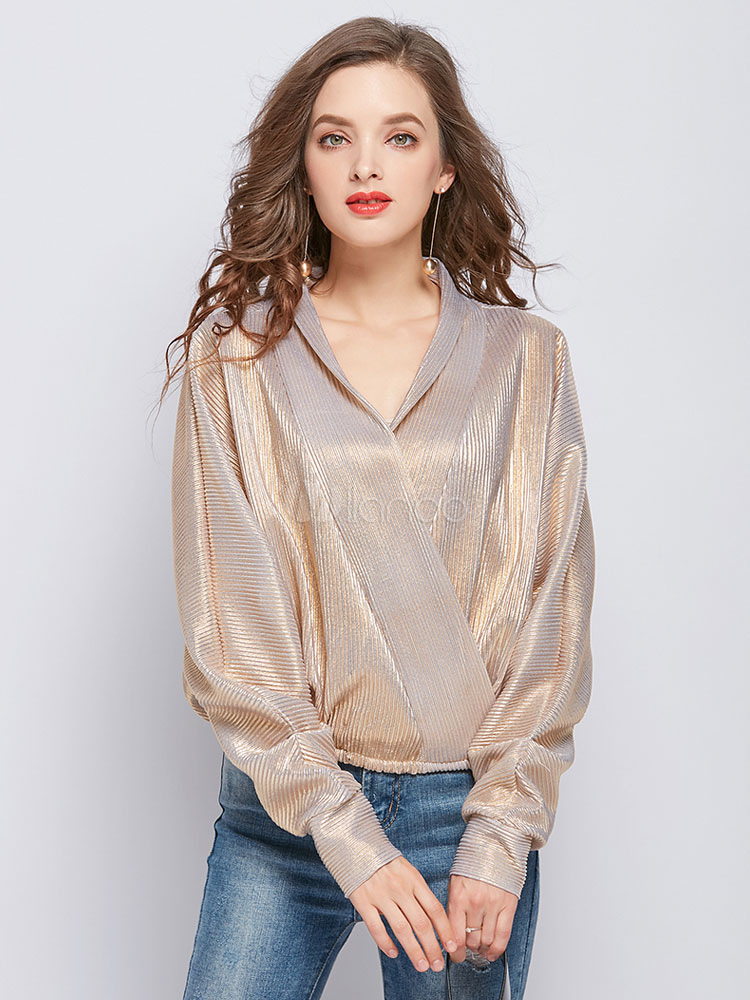 Women Wrap Blouses Long Sleeve V Neck Champagne Casual Top Milanoo