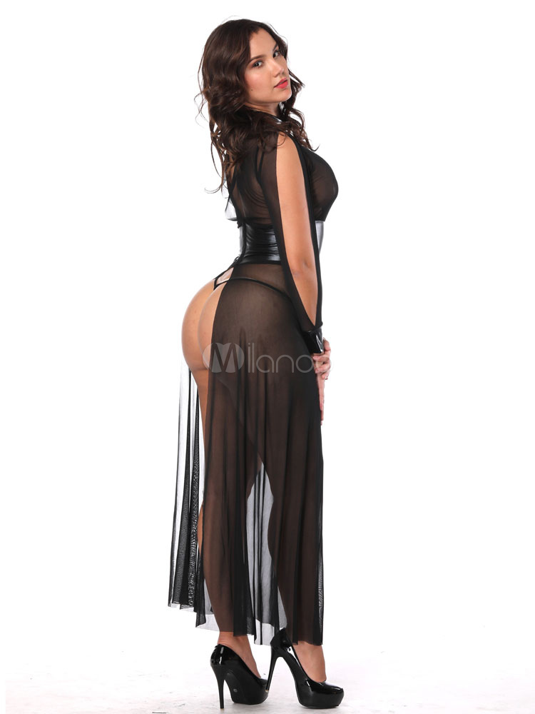 Sexy Black Club Dress Tulle Long Sleeve Cut Out Sheer Two Piece