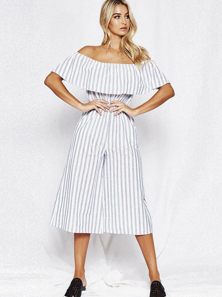 Women White Jumpsuit Off The Shoulder Striped Cropped Wide Leg Summer