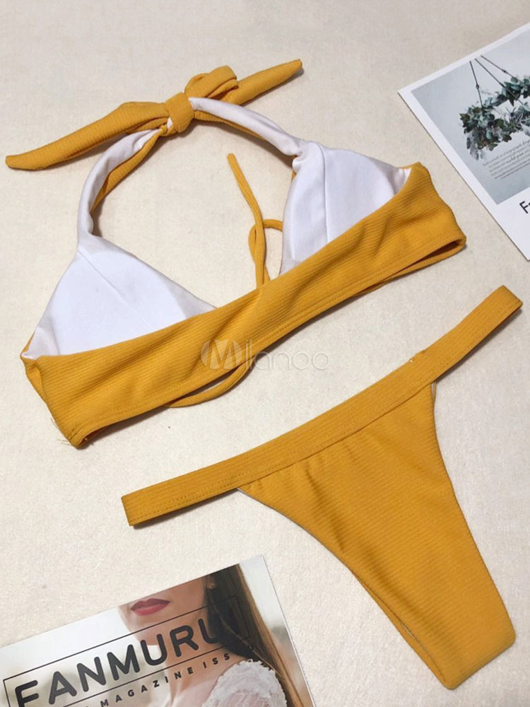 Sexy Bikini Swimwear Halter Yellow High Cut Bikini Swimsuit Milanoo