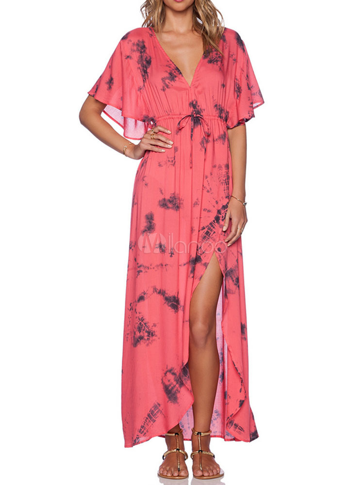 Maxi robe d été col en V manches papillon imprimé pastèque robe longue