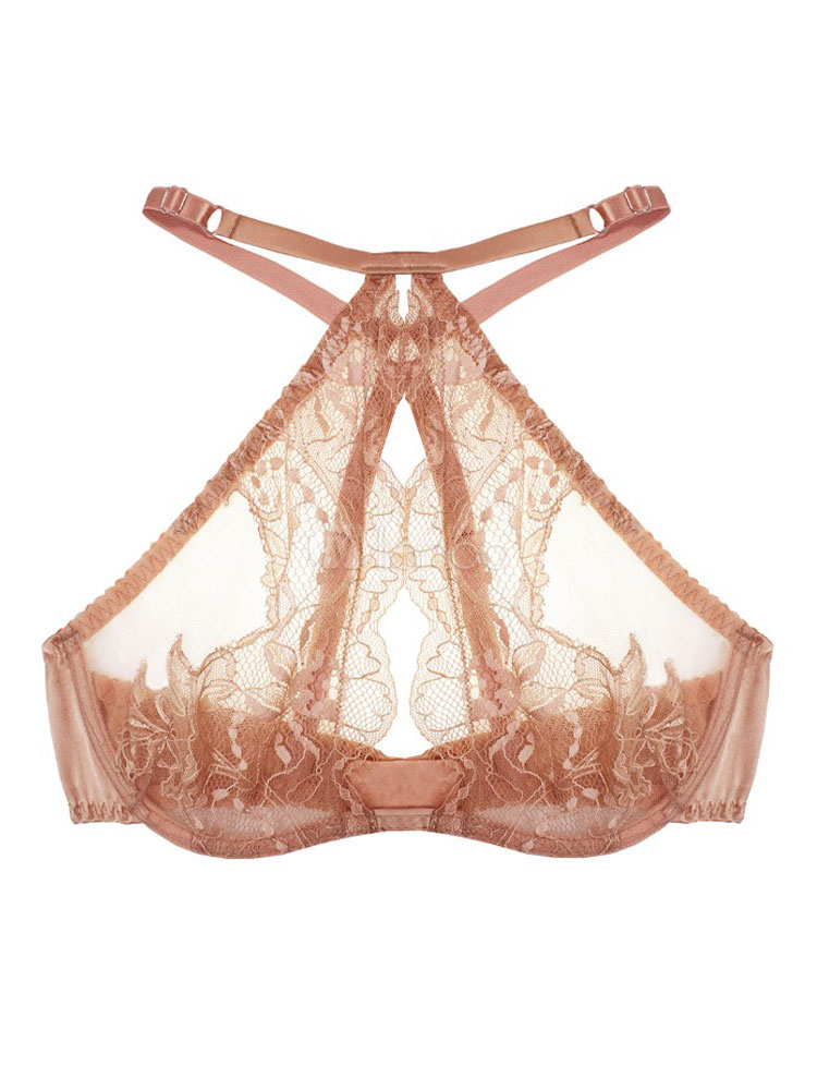 Nude Lace Bra Sheer Cut Out Halter Sexy Lingerie For Women Milanoo