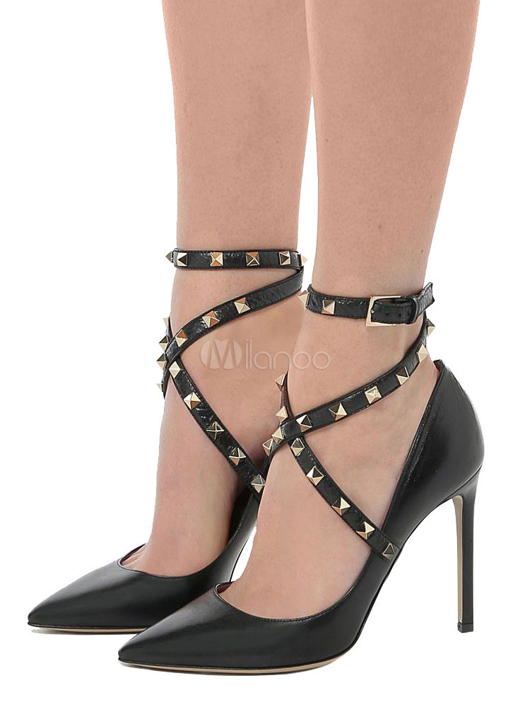 Women High Heels Nude Pointed Toe Rivets Criss Cross Dress Shoes Plus