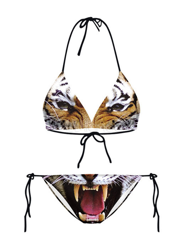 Women Bikini Lace Up Tiger Print Halter Summer Sexy Swimsuit Milanoo