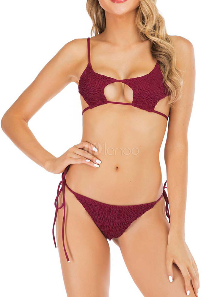 Women Bikini Lace Up Solid Color Traps Neck Summer Beach Swimwear