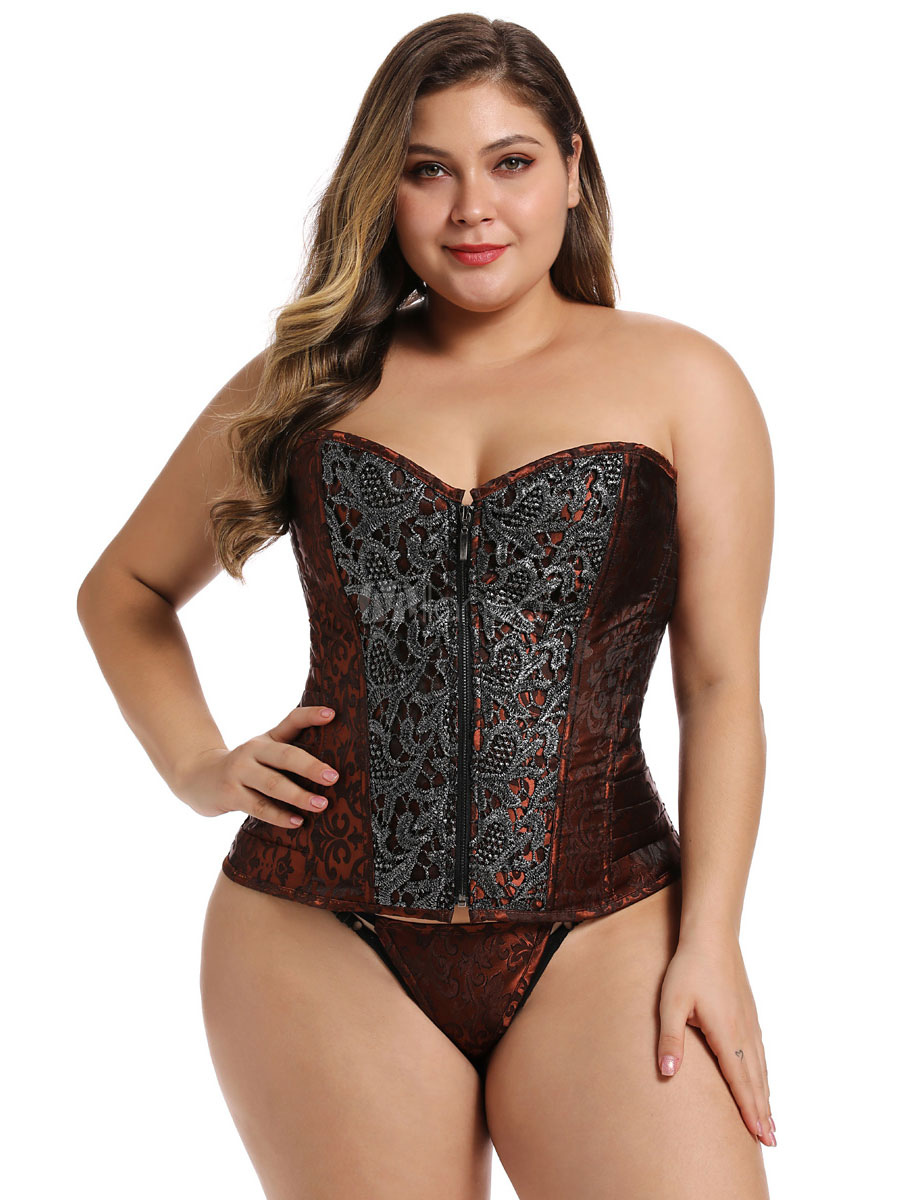 Lingerie Corset Pour Femmes Café Brun Sexy Chaînes Imprimé Sans Manches