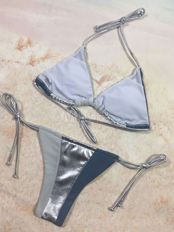 Sexy Thong Bikini Swimwear Silver Metallic String Bikini Halter Women