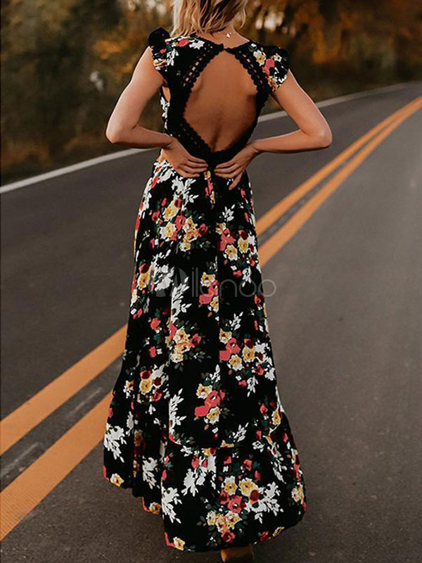 Robe Maxi Fleurs Col En V Dos Nu Haut Bas Robe D T Milanoo