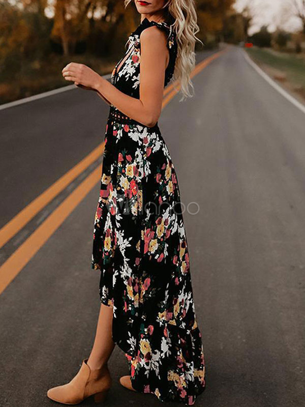 Robe Maxi Fleurs Col En V Dos Nu Haut Bas Robe D T Milanoo