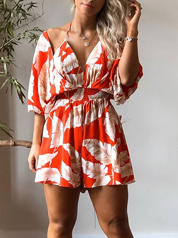 Women Romper Shorts Leaf Print Short Sleeves Summer Playsuit Milanoo