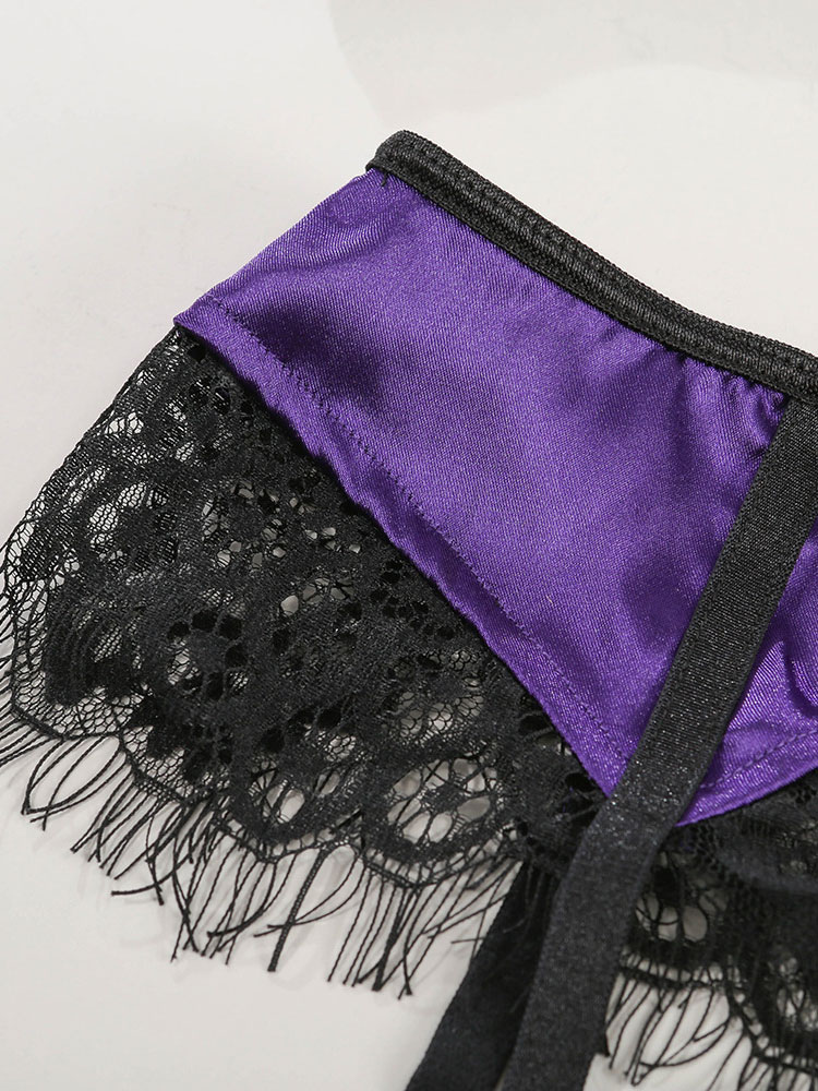 Women Sexy Lingerie Purple Bras Garter Belt Black Lace Polyester Panty