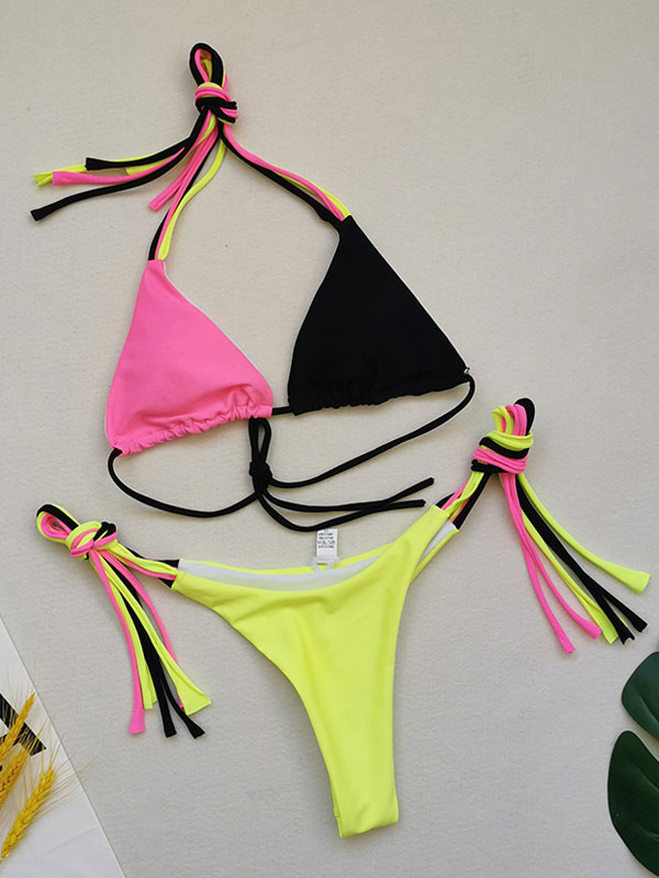 Bikini de mujer Traje de baño Verde con cordones Halter Hombro abierto