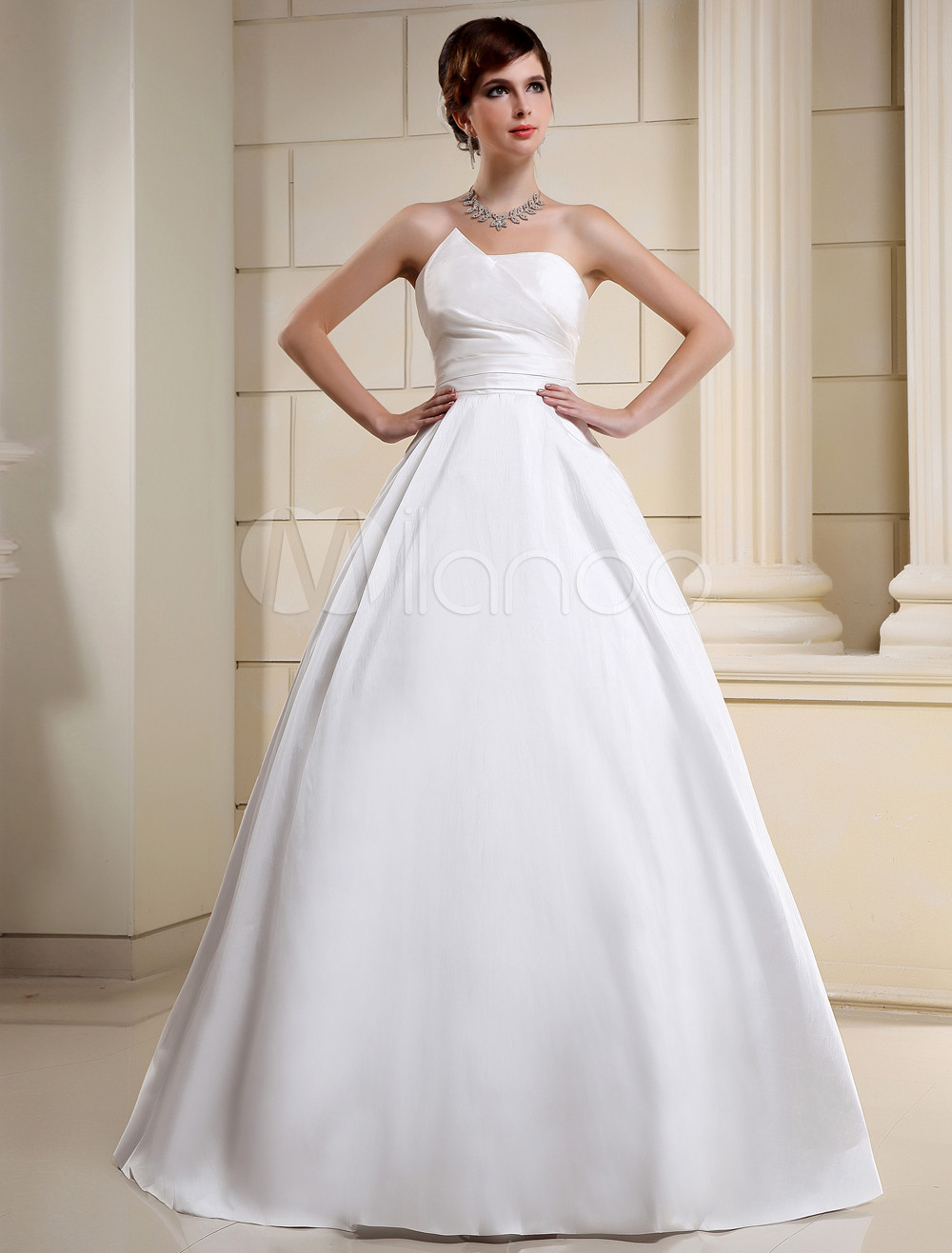 Ivory A Line Strapless Pleated Taffeta Bridal Wedding Dress Milanoo