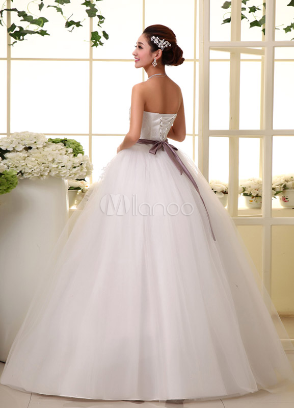 White Ball Gown Strapless Lace Floor Length Wedding Dress For Bride