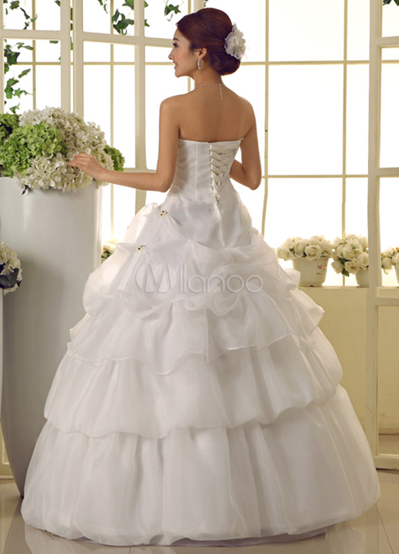 White Ball Gown Strapless Pleated Floor Length Bridal Wedding Gown