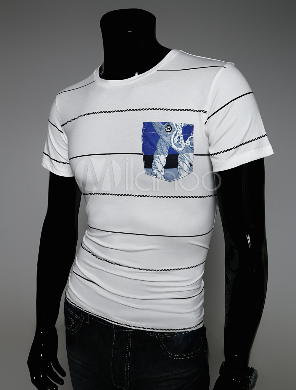 Tee Shirt Homme Mode En Coton Avec Rayure Et Poches De Manches Courtes