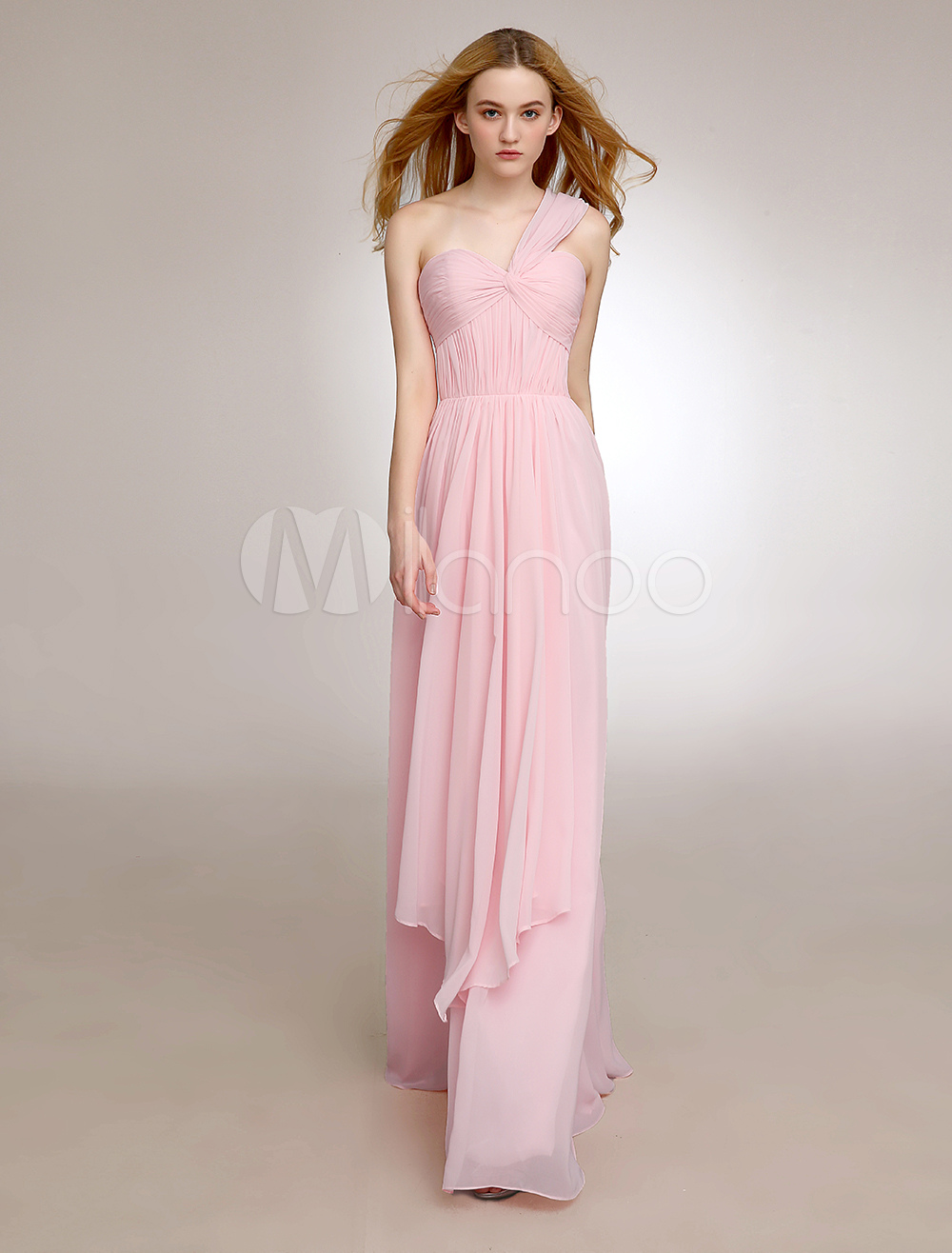 Blush Pink One Shoulder Bridesmaid Dress With Twisted Chiffon Milanoo