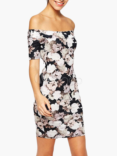 Floral Print Off Shoulder Mini Dress Milanoo