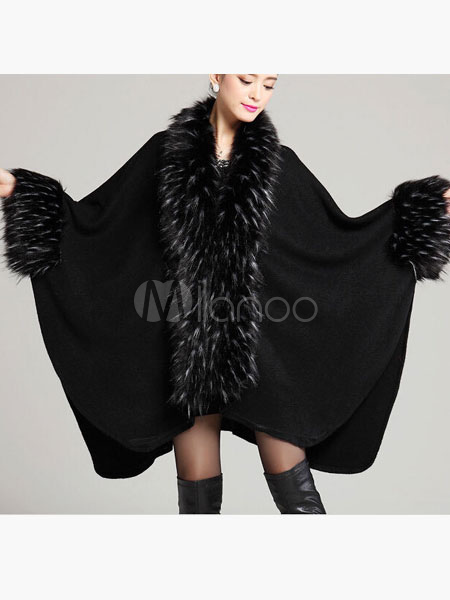 Luxury V Neck Faux Fur Woman S Knitted Poncho Milanoo