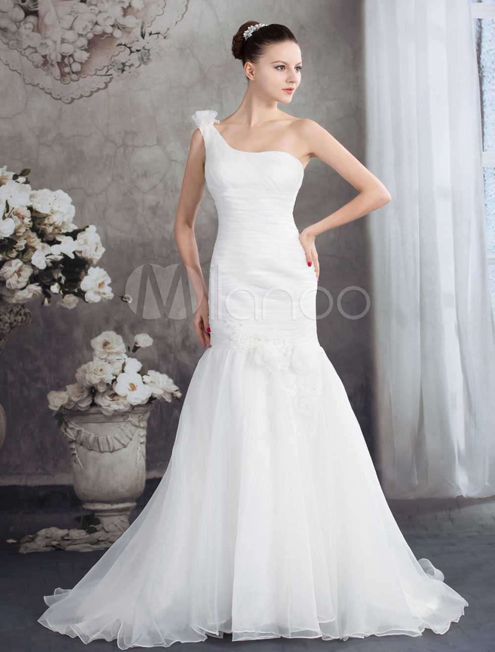 Meerjungfrau Hochzeitskleid One Shoulder Organza Blume Friesen Tüll