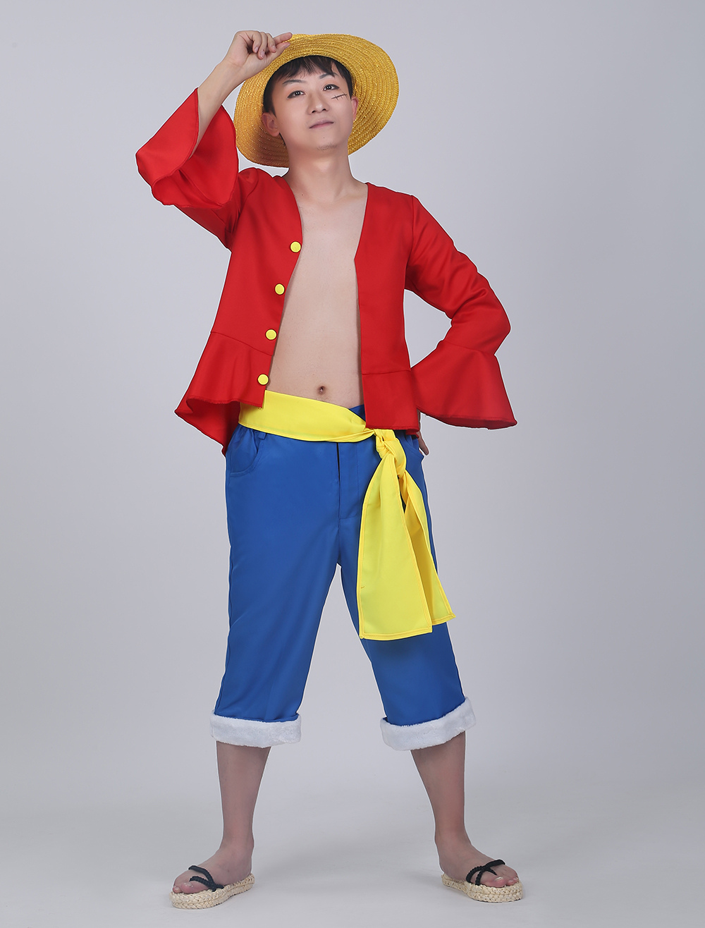 One Piece ワンピース風海賊コスチューム ルフィ 衣装 レッド 3点セット ショーツ サッシュベルト コート コスプレ ハロウィン Cosplayshow Com