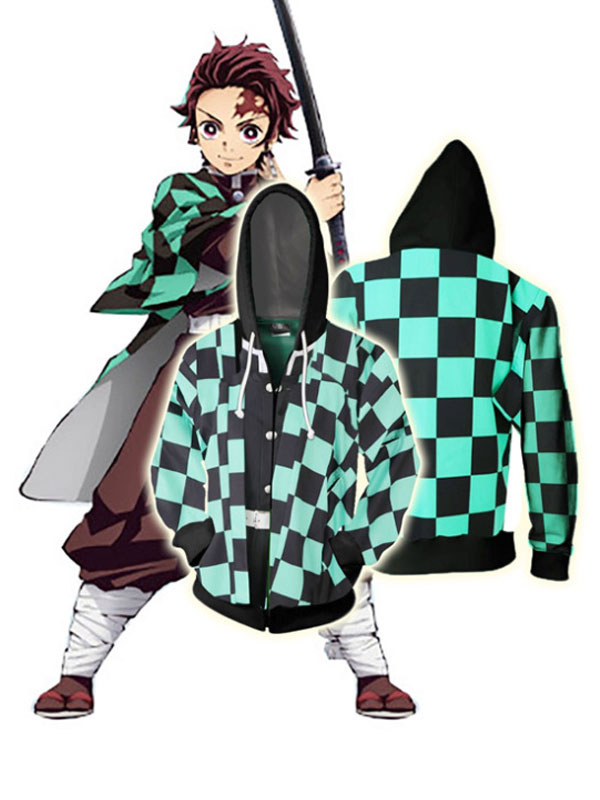 Demon Slayer Kimetsu No Yaiba Kamado Tanjiro Hoodies Long Sleeve Long Sleeve Green Plaid Anime Hoodies Cosplayshow Com