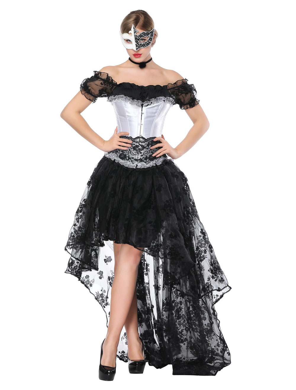 Costume Holloween Gotico Costume Halloween Donne Pizzo Nero Manica Corta Top Corsetto E Gonna Asimmetrica Halloween Costumeslive Com