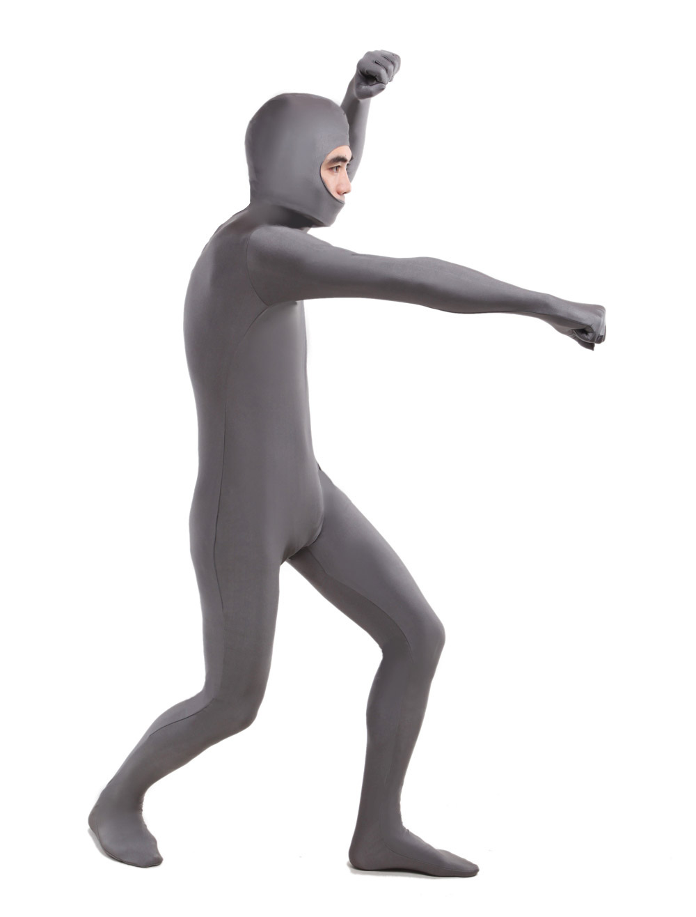Morph Suit Gray Lycra Spandex Fabric Catsuit with Face Opened Men's