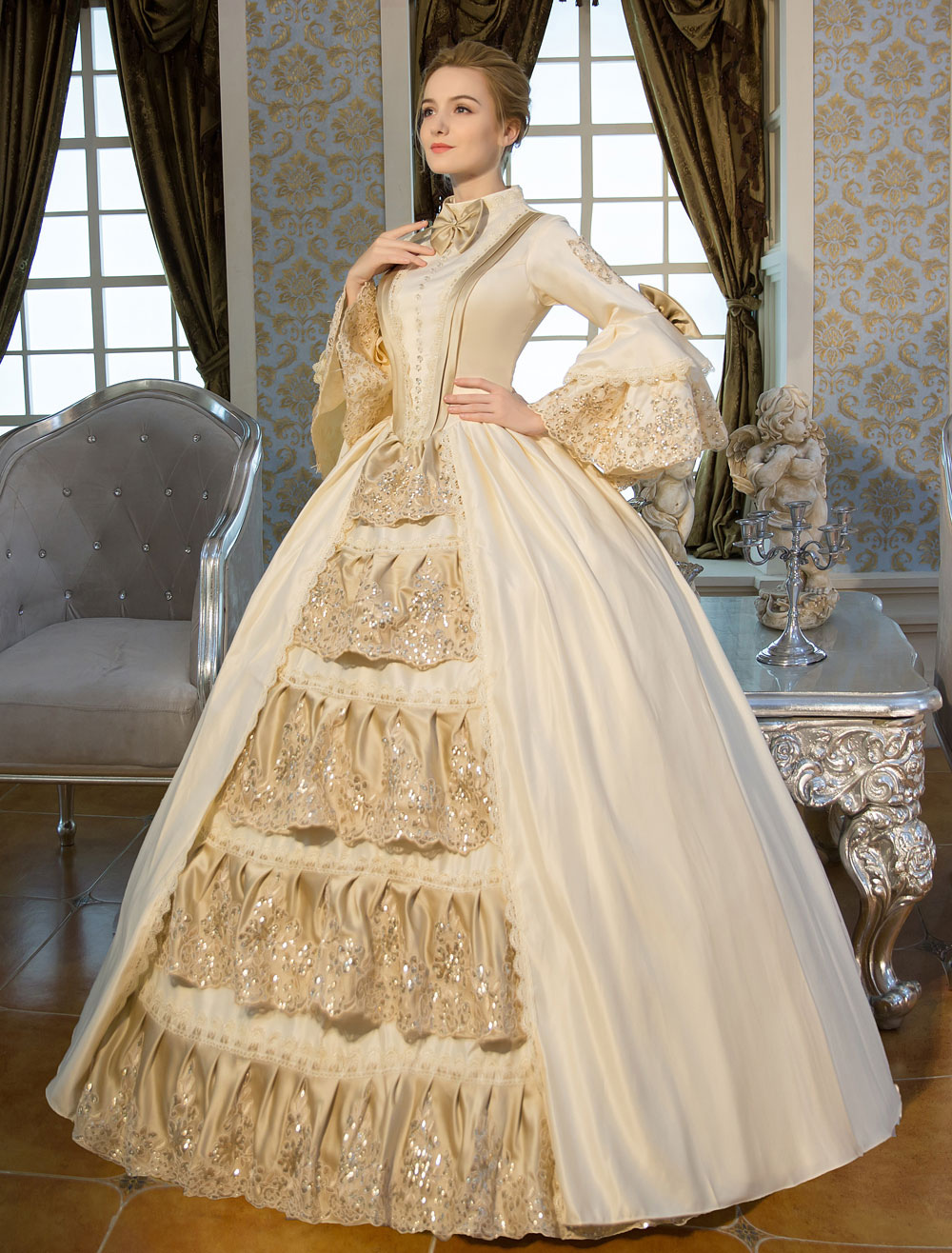 Victorian Dress Costume Retro Costumes Victorian Era Clothing Beige Long Flared Sleeves Ruffle