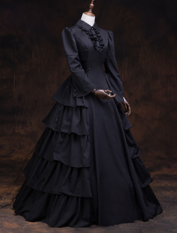 Victorian Dress Costume Women S Black Ruffles Masquerade Ball Gowns Long Sleeves Lapel Victoria Era Clothing Retro Costume Halloween Costumeslive Com