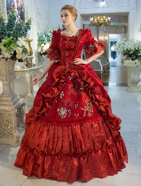 Victorian Dress Costume Red Baroque Red Squared Neckline