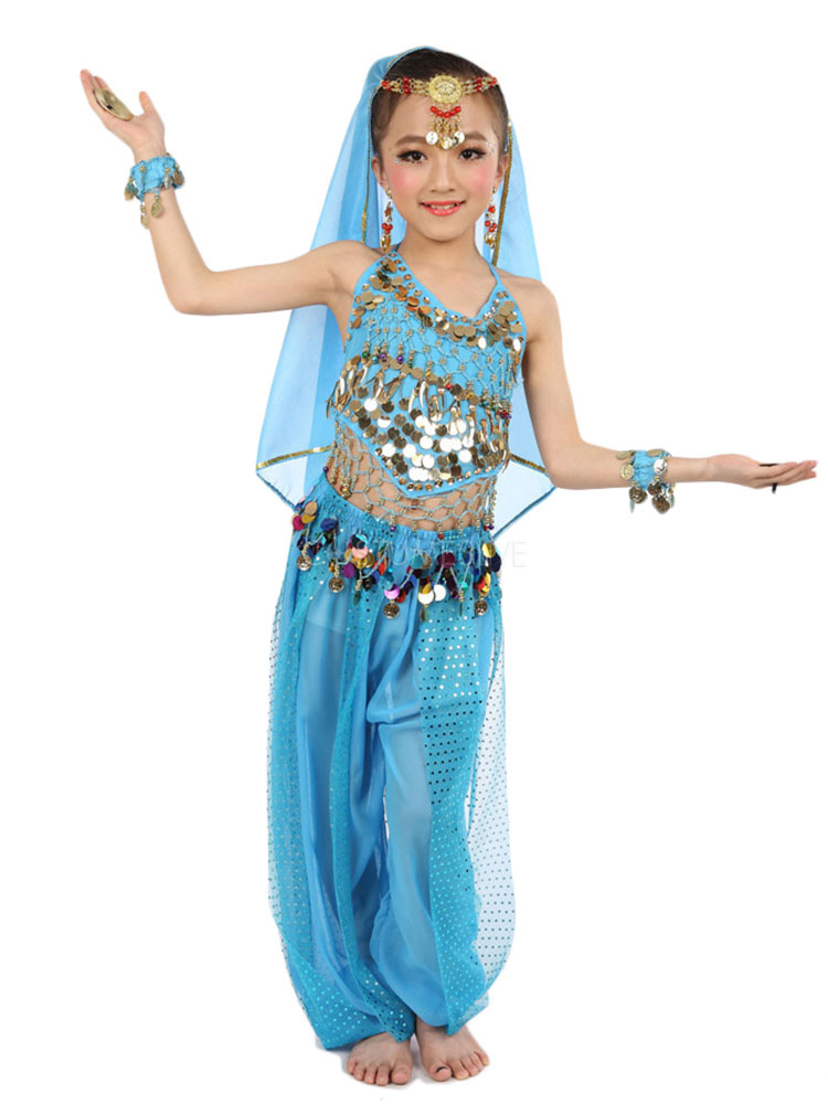 Belly Dance Costume Kids Blue Chiffon Sleeveless Indian Bollywood Dancing Costumes