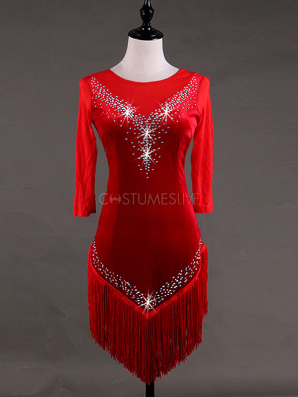 Latin Dance Dresses Women Red Long Sleeve Beading Tassels Ballroom Dancing Costume